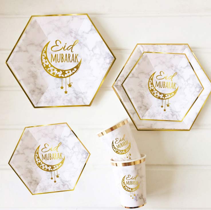 Assiettes et Verres en carton «Eid Moubarak» en marbre hexagonal (lot de 18 pièces)