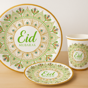 Ensembles d'Assiettes et Verres en carton «Eid Moubarak» en moucharabia coloré