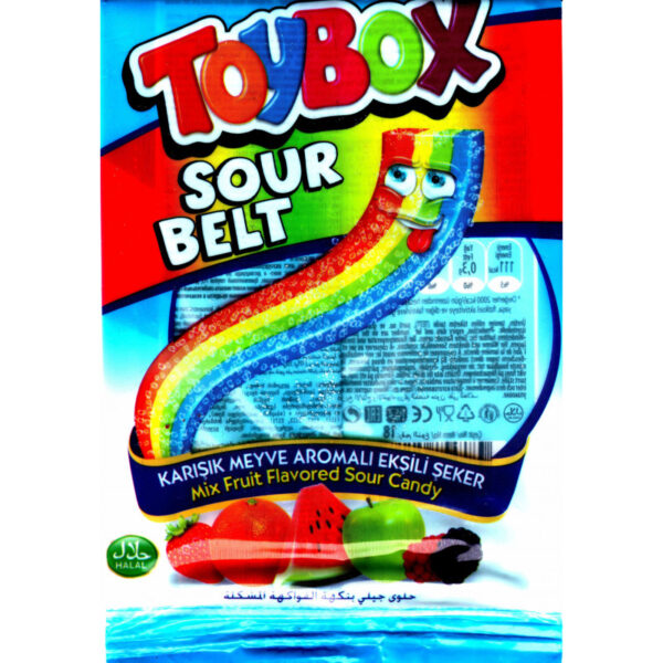 ToyBox sour Belt - Bonbons Halal Rubans acidulés sucrés multifruit - Sachet de 80 g